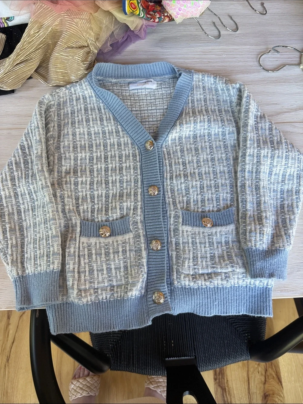 Light Blue & Cream Textured Girl’s Cardigan Skirt Set